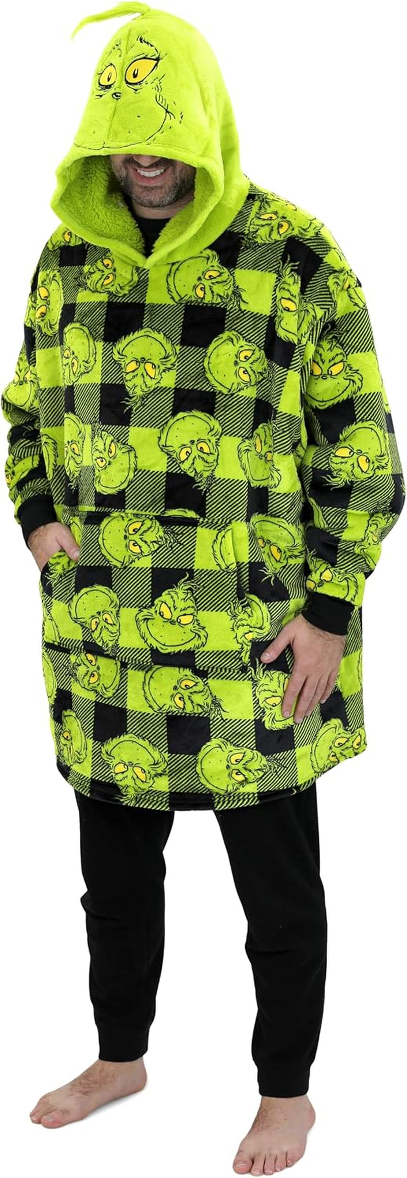 Oversized Grinch Hoodie for Men & Women, Plush Fleece Grinch Wearable Blanket Hoodie for Adults, One Size Fits Most
