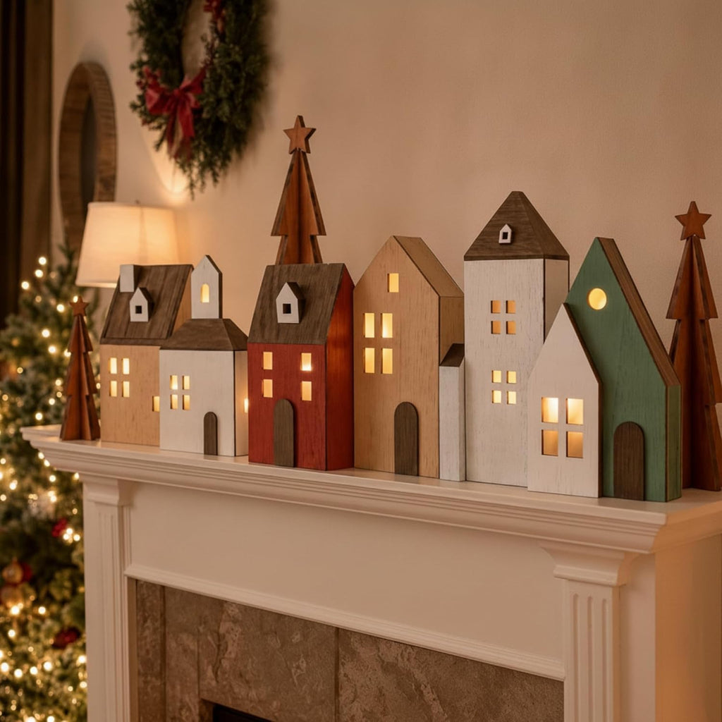 9 Pcs Lighted Wooden Christmas Village Set, Christmas Tabletop Decor