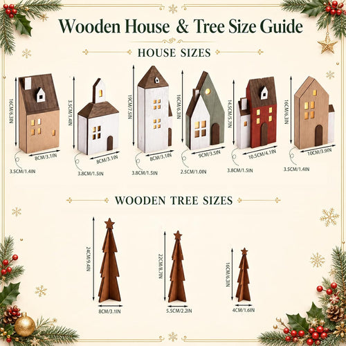 9 Pcs Lighted Wooden Christmas Village Set, Christmas Tabletop Decor