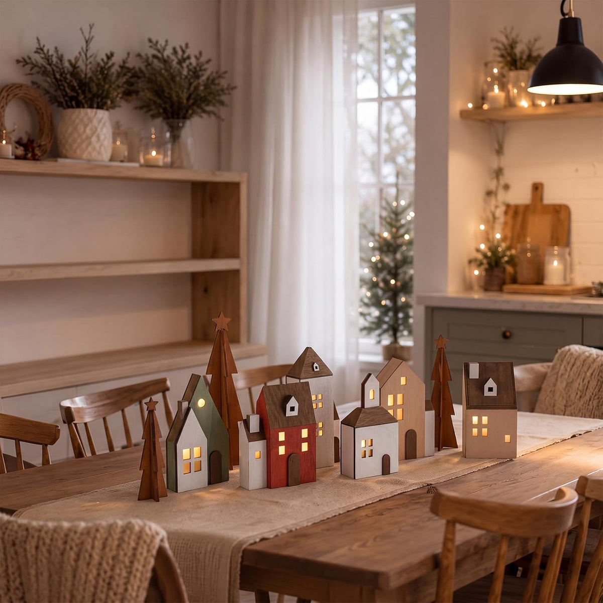 9 Pcs Lighted Wooden Christmas Village Set, Christmas Tabletop Decor