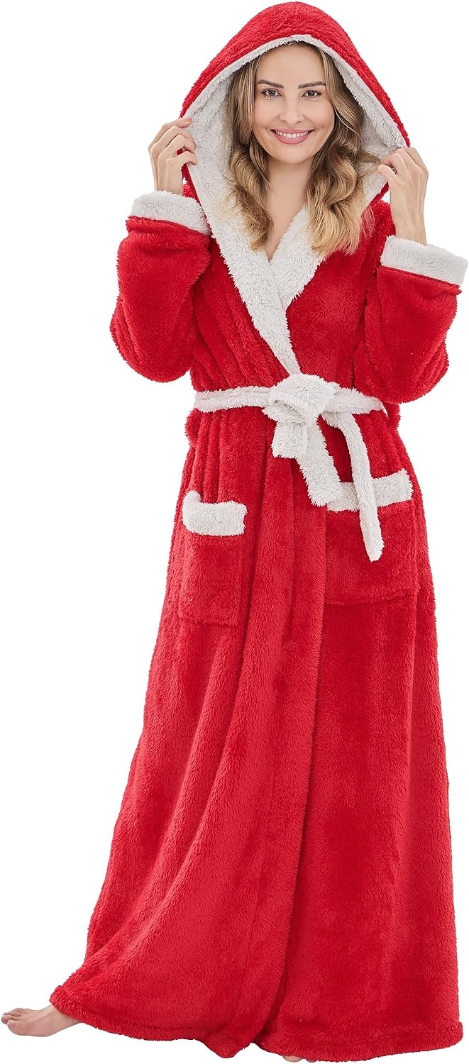 Long Robes for Women Floor Length, Fluffy Fleece Warm Cozy Hooded Bathrobe Plush Luxury plus Size Winter Housecoat