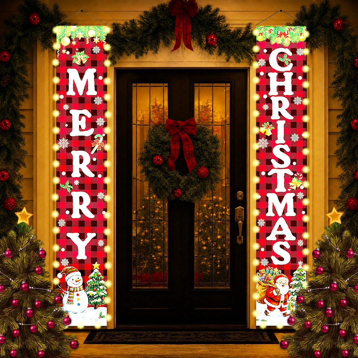Christmas Decorations Lighted Banner for Door, Snowman&Santa
