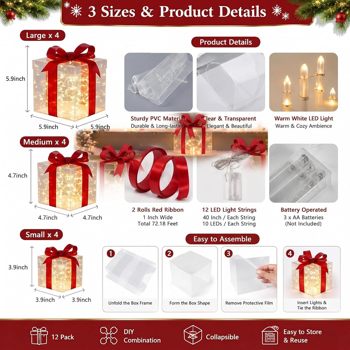 12 Set Christmas Lighted Gift Boxes Outdoor Holiday LED Decor