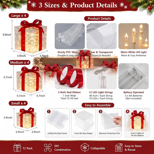 12 Set Christmas Lighted Gift Boxes Outdoor Holiday LED Decor