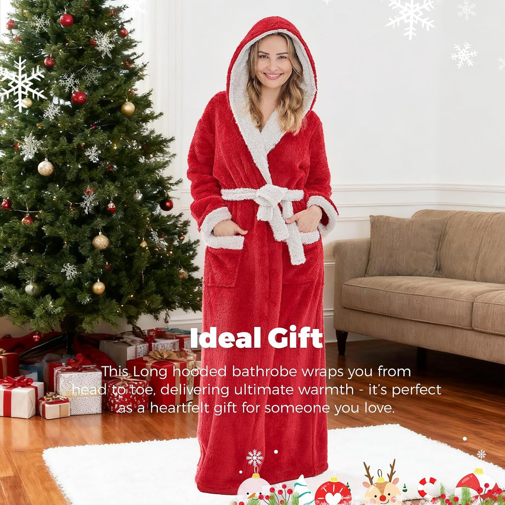 Long Robes for Women Floor Length, Fluffy Fleece Warm Cozy Hooded Bathrobe Plush Luxury plus Size Winter Housecoat
