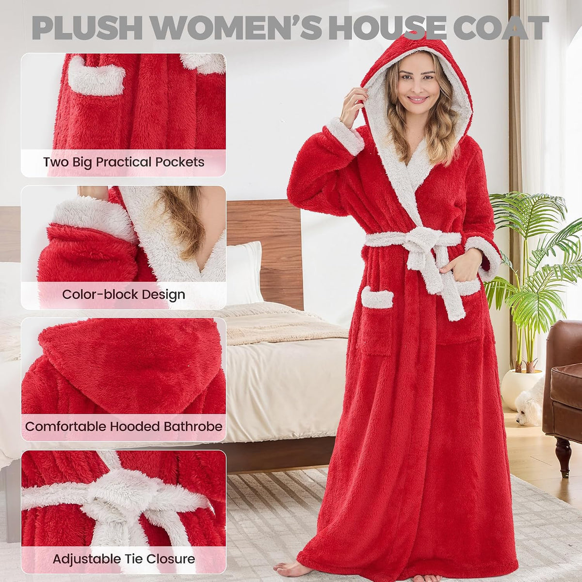 Long Robes for Women Floor Length, Fluffy Fleece Warm Cozy Hooded Bathrobe Plush Luxury plus Size Winter Housecoat