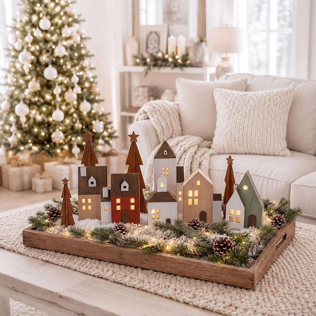 9 Pcs Lighted Wooden Christmas Village Set, Christmas Tabletop Decor