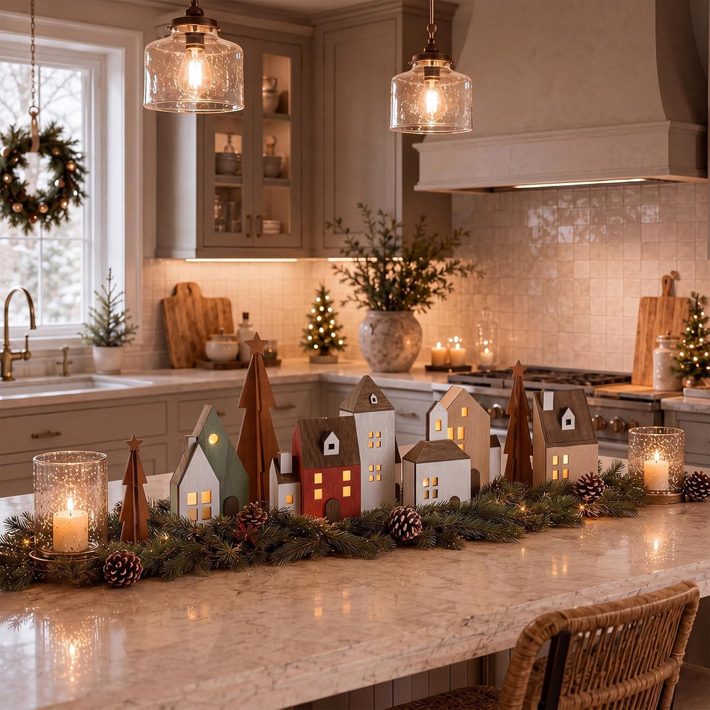 9 Pcs Lighted Wooden Christmas Village Set, Christmas Tabletop Decor