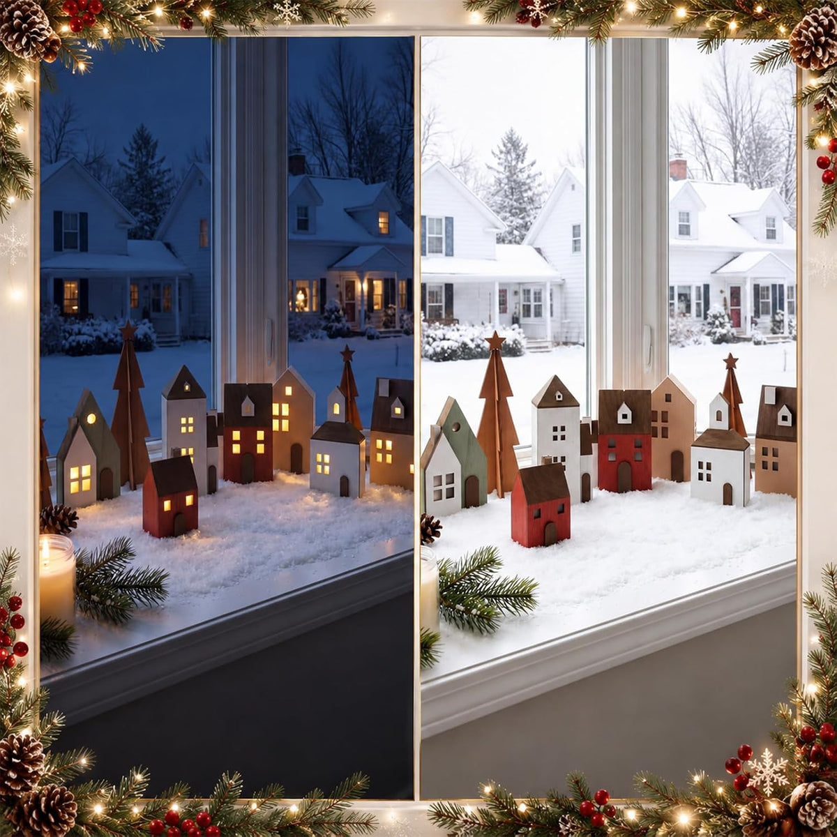 9 Pcs Lighted Wooden Christmas Village Set, Christmas Tabletop Decor