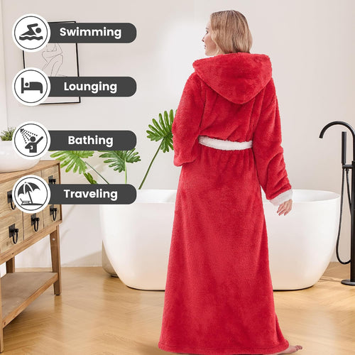 Long Robes for Women Floor Length, Fluffy Fleece Warm Cozy Hooded Bathrobe Plush Luxury plus Size Winter Housecoat